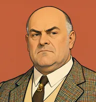 Illustrated portrait of Abe Ryland: about 60, shaved-smooth bald head, grey stubble at the ears, loud checked tweed suit with a cream waistcoat