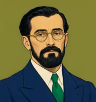 Illustrated portrait of Alfred Inglethorp: about 50, jet-black dyed hair, long and oily, swept back, a navy-blue suit with a bright emerald tie