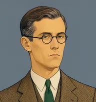Illustrated portrait of Ames: about 31, brown with greying temples, side-parted, a brown herringbone suit with a bottle-green tie