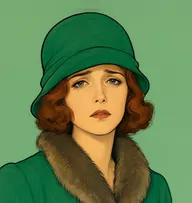 Illustrated portrait of Bella Duveen: about 25, auburn, shoulder-length with finger waves, emerald-green coat with a fur collar