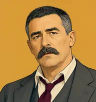 Illustrated portrait of Bernard Dodge: about 58, grizzled black-grey, bristly crew cut, a rumpled charcoal suit with a claret tie