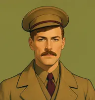 Illustrated portrait of Captain Harker: about 38, chestnut, close-cropped with a sharp parting, khaki-brown overcoat with a regimental tie in maroon
