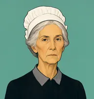 Illustrated portrait of Crockett: about 66, white-grey, parted flat under cap, black dress with a pewter-grey collar