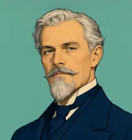 Illustrated portrait of Desjardeaux: about 58, silver, swept back, midnight-blue frock coat with a red Légion d'honneur rosette