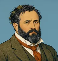 Illustrated portrait of Dr. Bauerstein: about 45, receding black hair with grey streaks, tousled, a muddy olive tweed jacket with a crumpled collar and a rust-orange cravat