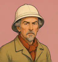 Illustrated portrait of Dr. Tosswill: about 55, bald dome ringed with wild ginger-grey tufts, a khaki field jacket with a rust-orange scarf