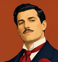 Illustrated portrait of Dr. Treves: about 42, glossy black, brilliantined, midnight-navy coat with a crimson carnation and silk cravat