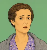 Illustrated portrait of Ellen: about 45, mouse-brown, scraped back, lilac print dress with a grey shawl