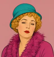 Illustrated portrait of Flossie Monro: about 45, brassy peroxide-blonde, tight curls, magenta blouse with a cheap feather boa