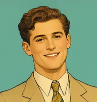 Illustrated portrait of Geoffrey Raymond: about 27, wavy chestnut hair, side-parted, light tan blazer with a mustard-yellow tie