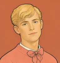 Illustrated portrait of Gerald Paynter: about 24, limp flaxen blond, floppy, salmon-pink pullover with a loose bow tie