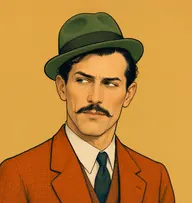Illustrated portrait of Giraud: about 40, black, slicked and receding at temples, rust-orange checked jacket with a green felt trilby