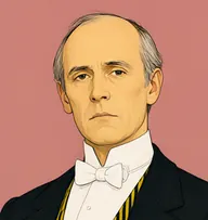 Illustrated portrait of Graves: about 55, bald crown, thin grey fringe, a black butler's coat with a yellow-and-black striped waistcoat