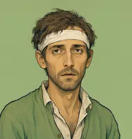 Illustrated portrait of Halliday: about 38, dishevelled mousy brown, patchy, crumpled sage-green cardigan, open collar