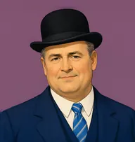 Illustrated portrait of Inspector Marriot: about 52, grizzled grey-brown, thinning on top, navy serge suit with a sky-blue striped tie