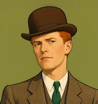 Illustrated portrait of Inspector Meadows: about 48, thin sandy hair, thinning on top, navy police-blue serge uniform with a stiff high collar
