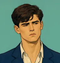 Illustrated portrait of Jack Renauld: about 22, dark brown, wavy, boyish fringe, navy blazer with a cream open-neck shirt