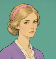 Illustrated portrait of Jane Finn: about 23, pale flaxen-blond hair in a soft low bun, a lavender cardigan over a cream blouse