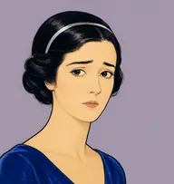 Illustrated portrait of Lady Yardly: about 32, glossy black, sleek low chignon, a sapphire-blue velvet evening dress