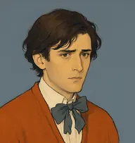 Illustrated portrait of Lawrence Cavendish: about 32, dark brown hair, long and untidy over the forehead, a rust-orange cardigan over a pale shirt
