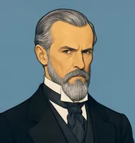 Illustrated portrait of M. Hautet: about 60, thin grey, combed straight back, black frock coat with a stiff white wing collar and charcoal cravat