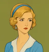 Illustrated portrait of Marthe Daubreuil: about 22, golden-blond, bobbed with a wave, powder-blue dress with a white collar