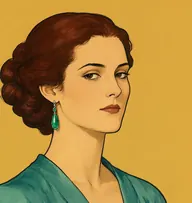 Illustrated portrait of Mary Cavendish: about 33, rich dark auburn hair in a low coiled chignon, a teal silk blouse with a V neckline