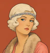 Illustrated portrait of Mary Marvell: about 24, platinum-blond bobbed curls, a coral-pink silk wrap with a fur collar