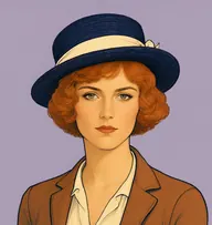 Illustrated portrait of Miss Farquhar: about 26, coppery red-gold bob, a cream blouse with a rose-brown jacket