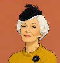 Illustrated portrait of Miss Ganett: about 58, snow-white hair in short marcel waves, mustard-yellow knitted jumper with a jet brooch