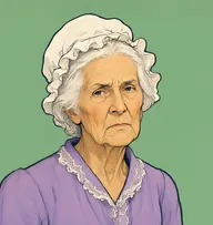 Illustrated portrait of Miss Logan: about 78, white, thin, loose, lavender bed-jacket with lace edging