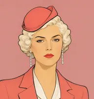 Illustrated portrait of Miss March: about 36, platinum-blond, marcel-waved, coral-pink suit with a white silk blouse