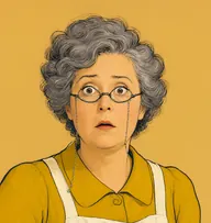 Illustrated portrait of Miss Rider: about 50, iron-grey, frizzy, escaping its pins, a mustard-yellow dress with a white apron