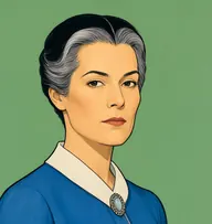 Illustrated portrait of Miss Russell: about 45, jet-black hair with grey wings, severely swept back, steel-blue dress with a white collar and cameo brooch