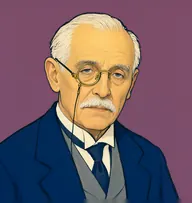 Illustrated portrait of Mr. Carter: about 62, thinning white hair, combed flat, a navy-blue morning coat with a dove-grey waistcoat