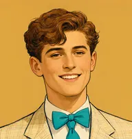 Illustrated portrait of Mr. le Marchant: about 21, tawny chestnut, wavy and tousled, cream flannel blazer with a turquoise tie