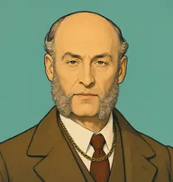 Illustrated portrait of Mr. Marvell: bald crown, sandy-grey sides, snuff-brown coat with a rust tie