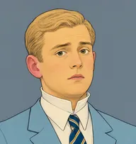 Illustrated portrait of Mr. Montgomery Jones: about 24, flaxen blond, brushed flat, pale blue blazer with a rowing-club striped tie