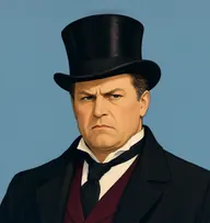 Illustrated portrait of Mr. Opalsen: about 52, bald crown with dark fringe, a black City coat with a burgundy waistcoat