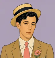 Illustrated portrait of Mr. St. Vincent: about 26, dark wavy black, brilliantined, fawn lounge suit with a salmon-pink tie