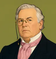 Illustrated portrait of Mr. Vavasour: about 60, thin silver, long and brushed behind the ears, a black morning coat with a pearl-pink cravat