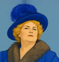 Illustrated portrait of Mrs. Betts: about 50, brassy yellow, frizzy, royal-blue coat with a fur stole