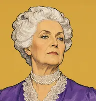 Illustrated portrait of Mrs. Inglethorp: about 68, white hair in an elaborate curled coiffure, a violet silk dress with a lace collar