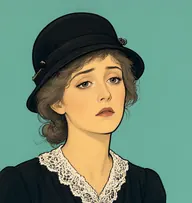 Illustrated portrait of Mrs. Maltravers: about 28, ash-brown, straggling from a hasty low knot, a black crepe mourning dress with a white lace collar