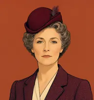 Illustrated portrait of Mrs. Oglander: about 54, brown streaked grey, waved, set tight, burgundy tweed costume with a cream blouse