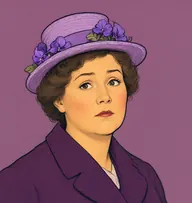 Illustrated portrait of Mrs. Robinson: mousy-brown in a loose bun, a plum wool coat