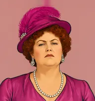 Illustrated portrait of Mrs. Van Snyder: about 55, dyed auburn, tightly curled, magenta silk dress with a rope of pearls