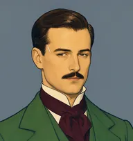 Illustrated portrait of Number Four: about 40, slicked dark chestnut with a side parting, bottle-green frock coat with a burgundy cravat