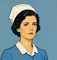 Illustrated portrait of Nurse Palmer: about 35, glossy black bob, tucked under cap, steel-blue nurse's dress with a white starched collar