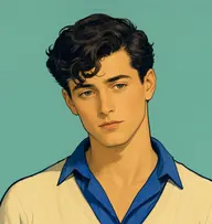 Illustrated portrait of Ralph Paton: about 25, thick dark wavy hair, tousled, cobalt-blue open-necked shirt with a cream sweater